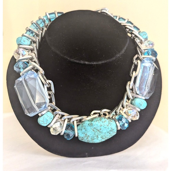 DESIGNER TURQUOISE LUCITE NECKLACE UNSIGNED WTH LG EMERALED CUT LUCITE A STUNNER - Picture 2 of 8